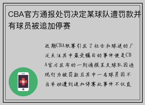 CBA官方通报处罚决定某球队遭罚款并有球员被追加停赛
