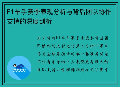 F1车手赛季表现分析与背后团队协作支持的深度剖析 F1车手赛季表现分析与背后团队协作支持的深度剖析